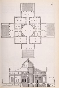 Plan og tværsnit af Villa Rotunda, illustration fra en faksimilekopi af 